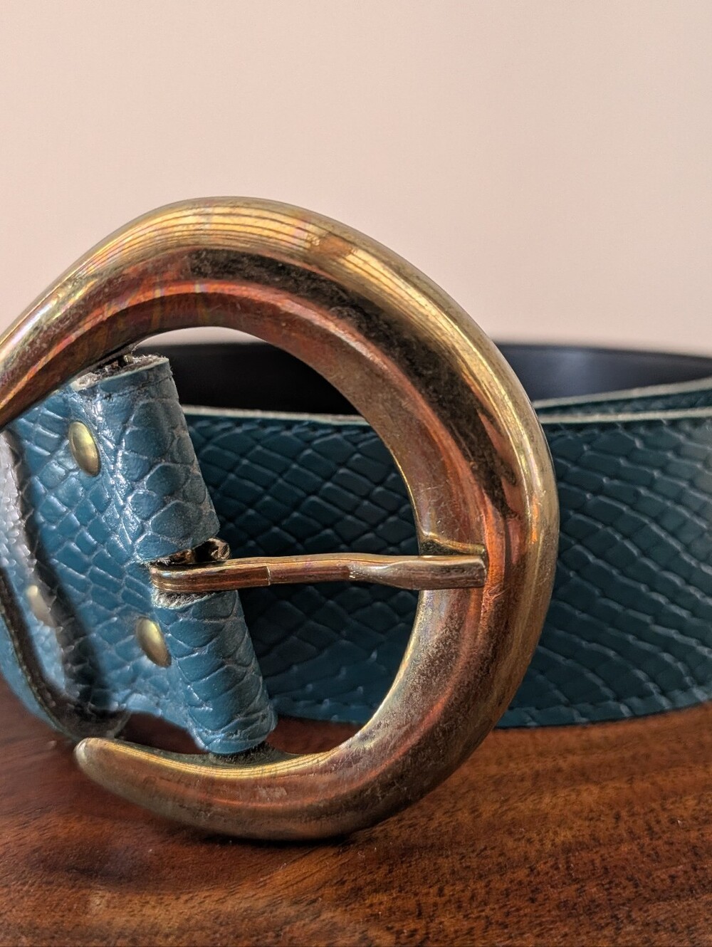 Vintage Teal Faux Snakeskin With Brass Tone Buckle